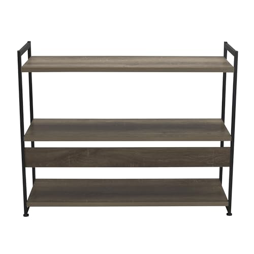Household Essentials Wide 3‑Shelf Open Storage Bookshelf in Oak Rustic Wood Grain and White Metal Frame, Ashwood - color: Ashwood