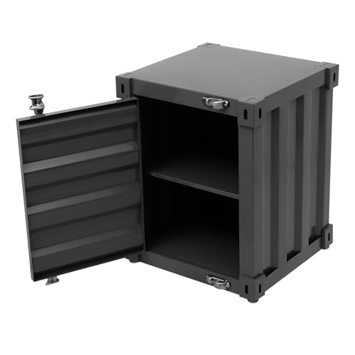 Industrial Style Container Cabinet, Iron Bedside Table with Lock, Shipping Container Style End Table, Wrought Iron Container Side Table for Living Room Bedroom Office (Black) - color: Black