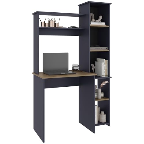 Tuhome Versalles Writing Desk with Hutch & Side Bookcase, Tall 63.9" Vertical Computer Desk, 5 Open Shelves Home Office Desk, Space-Saving Small Desk, Engineered Wood - color: Natural Oak, Blue