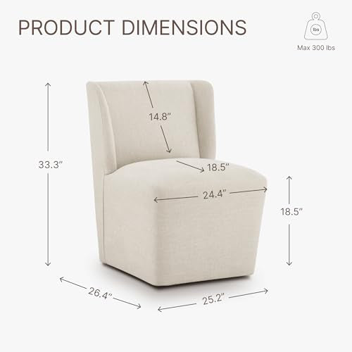 KISLOT Upholstered Dining Chairs Set of 2 with Casters, Wingback Modern Side Armless Deskchair with Rollers for Diningroom Bedroom Livingroom Reading Room, Cream Beige Fabric - color: A Cream Beige Fabric, size: Set of 2
