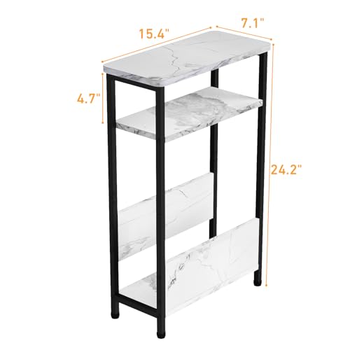 THUMEYE 7.1" Narrow Side Table for Small Spaces, 3 Tier Small End Table with Magazine Holder, Slim/Skinny Nightstand/Bedside Table for Living Room, Bedroom, 15.4" L x 24.2" H, Faux White Marble - color: Faux White Marble