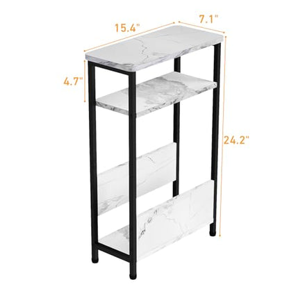 THUMEYE 7.1" Narrow Side Table for Small Spaces, 3 Tier Small End Table with Magazine Holder, Slim/Skinny Nightstand/Bedside Table for Living Room, Bedroom, 15.4" L x 24.2" H, Faux White Marble - color: Faux White Marble