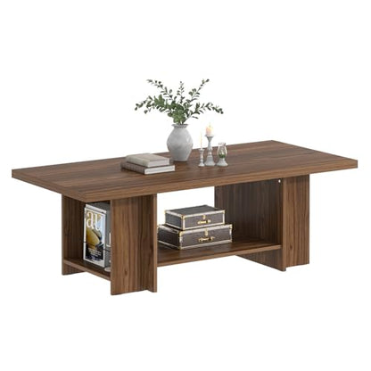 FOLUBAN Coffee Table, Modern Wood Living Room Table with Storage Bottom Shelf & Side Shelves, Rectangle Center Table Cocktail Tea Table for Home Office, Rustic Walnut, 47 Inch - color: Walnut