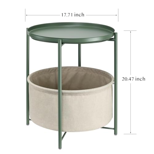 danpinera Small Round Side Table with Storage Basket, Removable Tray Top | Metal End Table for Small Space, Living Room, Bedroom, Nursery, Laundry, Modern Nightstand with Removable Tray, Green - color: Dark Green