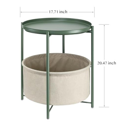 danpinera Small Round Side Table with Storage Basket, Removable Tray Top | Metal End Table for Small Space, Living Room, Bedroom, Nursery, Laundry, Modern Nightstand with Removable Tray, Green - color: Dark Green