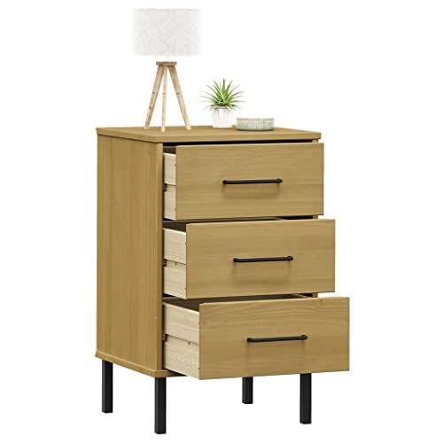 Bedside Cabinet, Industrial Nightstand with Metal Legs and Solid Pine Wood Storage, Rustic Bedroom End Table for Bedside Essentials, Rectangular Side Table, Brown