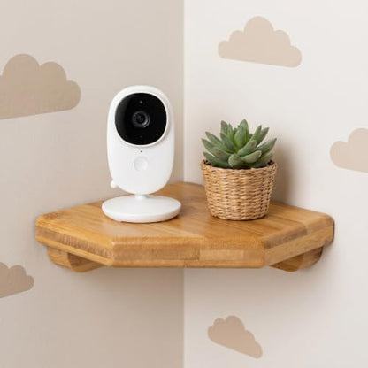 DECHOUS 5.5" Small Corner Shelf Wall Mounted, Natural Bamboo Floating Corner Shelves for Living Room, Wooden Round Rack for Security Camera & Plant