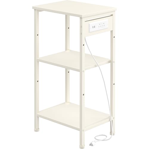 Asgolion Tall End Table with Charging Station, 3 Tier Narrow Tall Nightstand with Storage, Slim Side Table for Bedroom, Living Room, Nursery, Office, Cream White - color: Cream White, size: 14.8"D x 11"W x 30"H