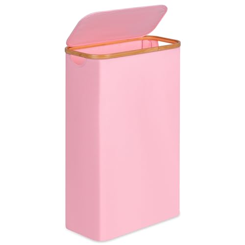 Slim Laundry Basket,60L Laundry Hamper with Lid, Tall Hamper for Laundry,Dirty Cloth Hamper with Bamboo Handle for Toys,Towels, Clothes Organizing,Pink - color: Pink, size: 60L Slim