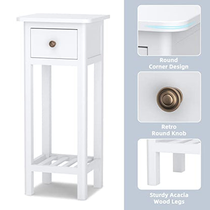 Giantex Tall End Table, Narrow Side Table with Drawer and Shelf, Acacia Wood Nightstand for Living Room, 2-Tier Bedside Table for Small Space, No Assembly, White - color: White