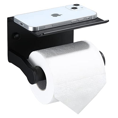 Toilet Paper Holder with Phone Shelf, Self Adhesive Aluminum Tissue Roll Dispenser for Mega Roll, Wall Mounted Toilet Paper Roll Holder for Bathroom, Matte Black - color: Matte Black