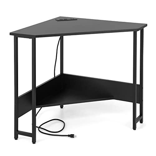 HOMGX Triangle Corner Computer Desk with USB Ports & Power Outlet, Modern Vanity Desk with Storage Shelf, Space Saving for Small Home Office, Black - color: Black