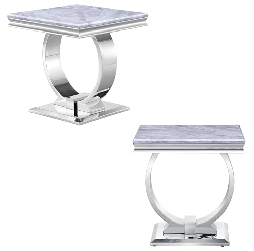 Asday Silver End Table Set of 2, Modern Glam Grey Square Side Table with Mirrored Stainless Steel U-Base for Living Room - color: Silver, size: Set of 2