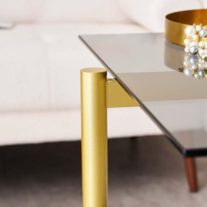 LumFurn Glass End Table, Mid-Century Modern Design Sofa Table, for Living Room, L18 x W18 x H23 in, Clear Glass Top and Walnut MDF Shelf, Sleek Conical Metal Legs with Gold Finish Frame - color: Grey & Black Marble, size: L18" Square End Table