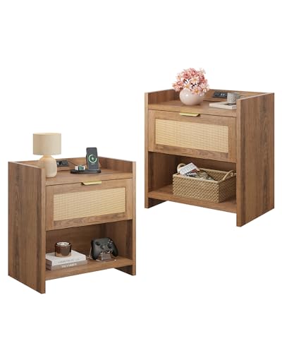 WLIVE Rattan Nightstands Set of 2, Night Stand Sets with Charging Station, Boho Bed Side Table with Storage Drawer and Open Shelf, End Tables Bedroom, Natural Oak - color: Natural Oak+2 Pcs, style: Bohemian