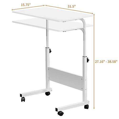 Karl home Mobile Side Table 31.5 inch Computer Desk with Wheels Height Adjustable Rolling Potable Laptop Cart, C-Shaped Bed Couch Sofa End Tables with Edge Stopper for Livingroom Bedroom, White - color: White, size: 31.5"+No Power Sockets