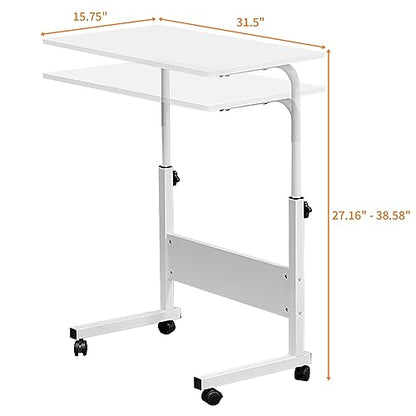 Karl home Mobile Side Table 31.5 inch Computer Desk with Wheels Height Adjustable Rolling Potable Laptop Cart, C-Shaped Bed Couch Sofa End Tables with Edge Stopper for Livingroom Bedroom, White - color: White, size: 31.5"+No Power Sockets