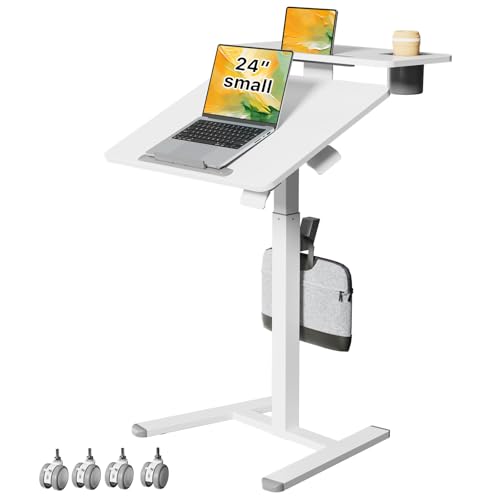 24" Mobile Standing Desk, Tiltable Top with 2-Tier Shelves, White | Pneumatic Rolling Desk, Adjustable Height Small Computer Workstation, Portable Drafting Table with Locking and Hidden Wheels - color: White, size: 24"