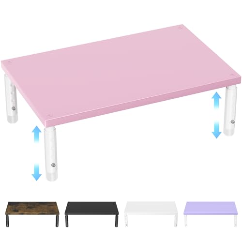ECOLOVI 4-Height Adjustable Wood Computer Monitor Stand Riser, Desktop PC Printer Laptop Stand for Desk Organizer and Accessories, Office Desk Decor & Accessories for Women, Pink - color: Pink, size: Adjustable Height