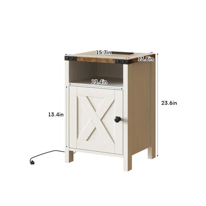 Fameill Farmhouse End Tables Set of 2, Modern White | Nightstands with Charging Station, Bedside Tables with Barn Door and Open Compartment, Rustic Living Room Side Table