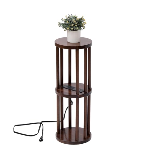 9 x25 Fully Assembled Walnut Wood Round Drink Table with Charging Station, Mid-Century Modern Circle Wood Accent Pedestal Table for Living Room or Small Bedroom Nightstand