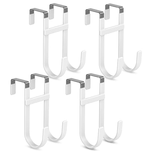 FYY Over the Door Hooks, Double-Hanger 4 Pack, Fits Doors 1 3/8" White | Heavy Duty Metal, Hold 100lbs, Rubber-Coated, No-Drilling, for Bathroom Dorm, Hanging Clothes Towels Bags Ironing Board Robe - color: White, size: 5.12" Long, Fit Interior Doors Up t