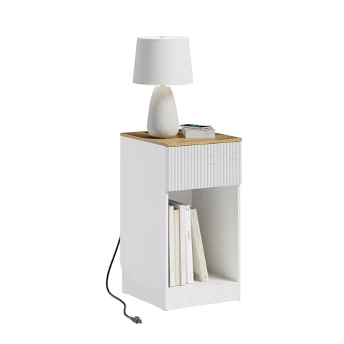 SoBuy White Narrow Nightstand with Charging Station | Small Nightstand with 1 Drawer and Open Shelf, USB & Type-C Ports for Bedroom, Living Room & Dorm, FBT172-WN - color: White & Natural