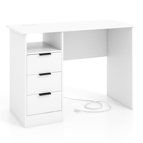 White Computer Desk with Charging Station, Home Office Desks with 3 Drawers & Open Storage Shelf, Modern Makeup Vanity for Bedroom, Wooden Study Writing Table Workstation