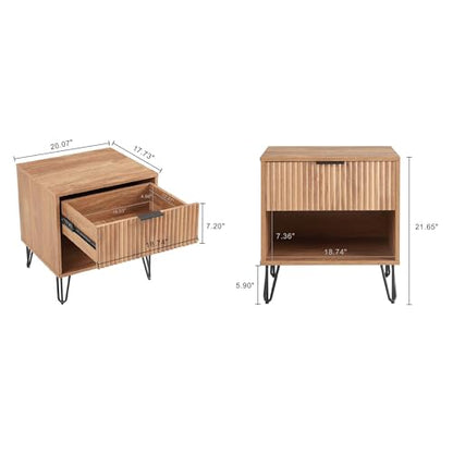 JOSHEN Sturdy Metal Legs Nightstand, Bedside Stand with Textured Drawer, Accent Table for Bedroom for Indoor use, Brown - color: Brown