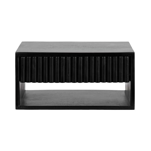 Kate and Laurel Reid Ribbed Wooden Tiered Floating Side Table, 18 x 10 x 9, Black, Modern Rectangular Mango Wood Floating Nightstand with Drawer for Bedroom Storage or Living Room End Table - color: Black