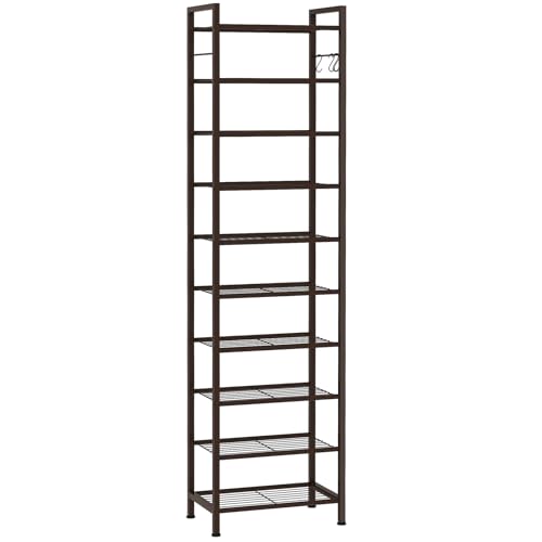 usikey 10 Tiers Narrow Shoe Rack 20-30 Pairs, Sturdy Metal Tall Shoe Rack Shelf with 4 Hooks, Slim Shoe Storage with Metal Shelf, Space Saving Vertical Shoe Organizer for Closet Entryway, Bronze - color: 10 Tier ( 17.9 X 11 X 69.2 Inches)-bronze