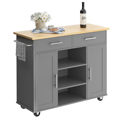 Shintenchi Kitchen Island with Storage, Kitchen Island Cart on Wheels with 3 Open Shelves, 2 Drawers and 2 Cabinets, Rolling Kitchen Table with Large Countertop, Gray - color: Silver