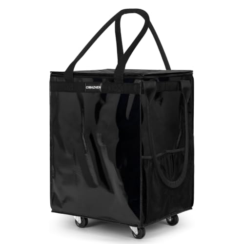 Reusable Grocery Bag Tote Bag with Wheels, Foldable Rolling Tote Bag with 3 Handles and Zipper - color: Black, size: Medium