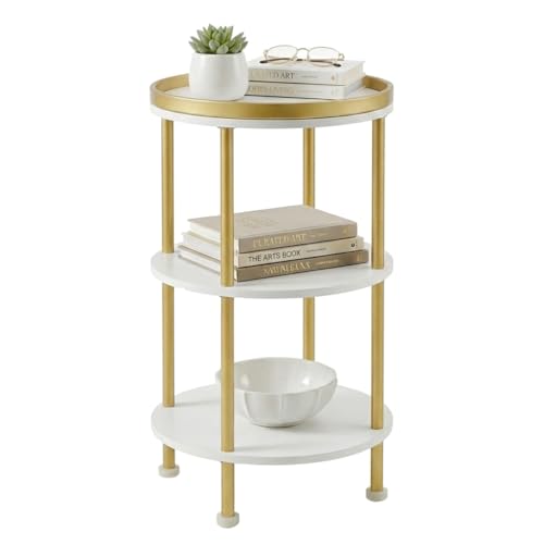 Small Round Side Table, Gold Round End Table with White Shelves, 3-Tier Modern Nightstand for Bedroom & Living Room, 21.7" H Narrow Gold Accent Table for Small Spaces, Dorm, Nursery (White & Gold) | Gold Round End Table with White Shelves, Nightstand for