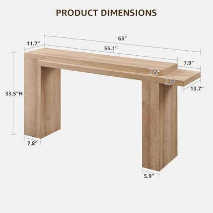 OKD 63" Modern Geometric Console Table with Layered Top, Natural Oak | Extended Layered Top, Sturdy Support Legs, Entryway, Hallway, Foyer, Living room, Behind Sofa - color: Natural Oak