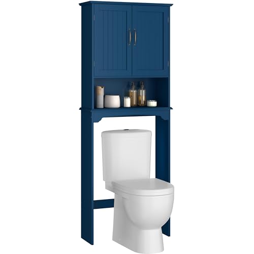 Yaheetech Over The Toilet Storage with 2 Doors & Adjustable Shelf, Free Standing Toilet Rack Wooden Space-Saving Collect Cabinet, Bathroom Furniture, L24.5xW9xH66 in, Navy Blue - color: Navy Blue