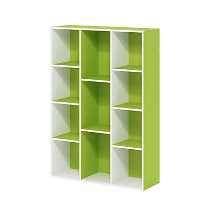 Furinno LUDER Book Shelf, 11-Cube Bookshelf, Reversible Bookcase, 9.4 x 29.1 x 41.7, Easy Assembly, for Living Room, Bedroom, Home Office, White/Green - color: White/Green, size: 11-Cube