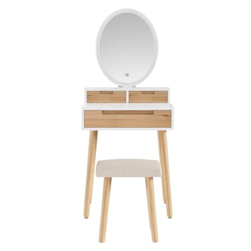 YOURLITE Small Makeup Vanity Desk with Lights, Compact Vanity Desk with Adjustable Brightness Mirror for Small Spaces, Dressing Table with Drawers and Storage Shelves - size: 24", style: Oval Mirror Wooden with shelf