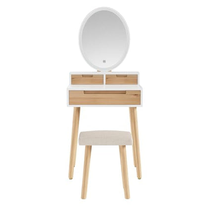 YOURLITE Small Makeup Vanity Desk with Lights, Compact Vanity Desk with Adjustable Brightness Mirror for Small Spaces, Dressing Table with Drawers and Storage Shelves - size: 24", style: Oval Mirror Wooden with shelf