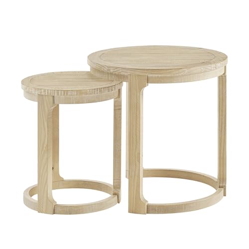 Round End Side Table Set of 2, Handcraft Nesting Table for Living Room, Modern Wood Circle Style, Easy Assembly, Oak - color: S1-2pcs-oak