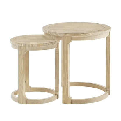 Round End Side Table Set of 2, Handcraft Nesting Table for Living Room, Modern Wood Circle Style, Easy Assembly, Oak - color: S1-2pcs-oak