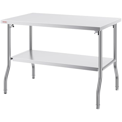 VEVOR Stainless Steel Foldable Work Table, 30 * 48 Inch Heavy Duty Food Outdoor Double Layer Stainless Steel Worktable for Commercial Kitchen Restaurant - size: Double layer 30"*48", style: Foldable