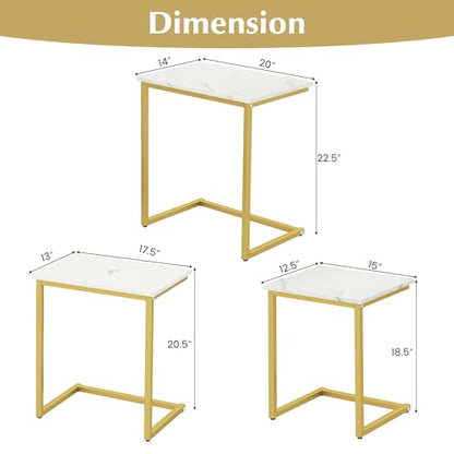 Giantex Nesting Coffee Table Set of 3, Stackable Square End Table w/Faux Marble Tabletop & Heavy-Duty Metal Frame, Farmhouse C-Shaped Accent Table for Small Space, Living Room, Bedroom (White Gold) - color: White Gold