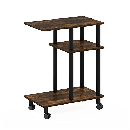Furinno Turn-N-Tube Side Table, 3-Tier C-Shape End Table with Wheels, Toolless Assembly Night Stand, Bedside Table with Open Shelf, for Living Room, Bedroom, Amber Oak/Black - color: Amber Oak/Black