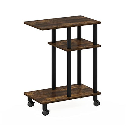 Furinno Turn-N-Tube Side Table, 3-Tier C-Shape End Table with Wheels, Toolless Assembly Night Stand, Bedside Table with Open Shelf, for Living Room, Bedroom, Amber Oak/Black - color: Amber Oak/Black