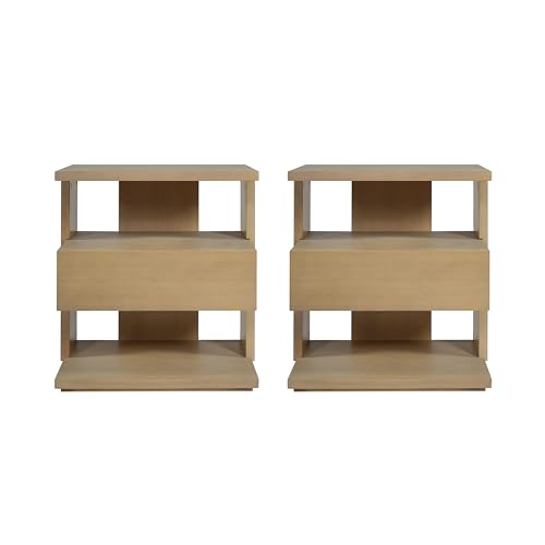 Christopher Knight Home 22" Mid Century Modern Nightstand Set of 2, Wooden Bedside Table with Drawer & 3 Tier Shelves, Small Side End Table Night Stand for Bedroom Living Room Small Space, Natural - color: Natural, size: 2pcs