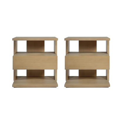Christopher Knight Home 22" Mid Century Modern Nightstand Set of 2, Wooden Bedside Table with Drawer & 3 Tier Shelves, Small Side End Table Night Stand for Bedroom Living Room Small Space, Natural - color: Natural, size: 2pcs