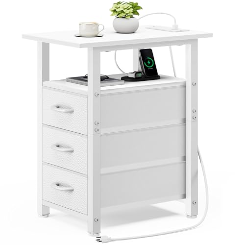 Vagusicc White End Table with Charging Station, Narrow Side Table, Narrow Nightstand with 3 Fabric Drawers, Slim Sofa Side Table for Small Spaces, Small Night Stand for Bedroom, White - color: White, size: 1, style: With Power
