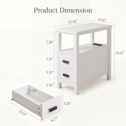 Narrow Nightstand with Charging Station, 24.4" H Slim Side Table with 2 Drawers, Bedside Table for Small Spaces, Modern End Table with Low Profile Legs (White) - color: White