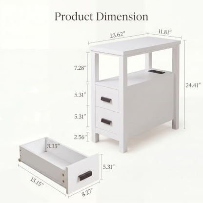 Narrow Nightstand with Charging Station, 24.4" H Slim Side Table with 2 Drawers, Bedside Table for Small Spaces, Modern End Table with Low Profile Legs (White) - color: White